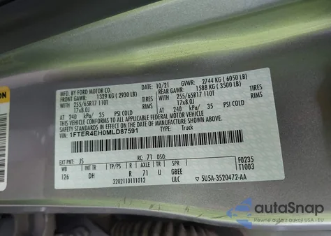 2021 Ford Ranger Lariat z USA, uszkodzony, nr VIN 1FTER4EH0MLD87591